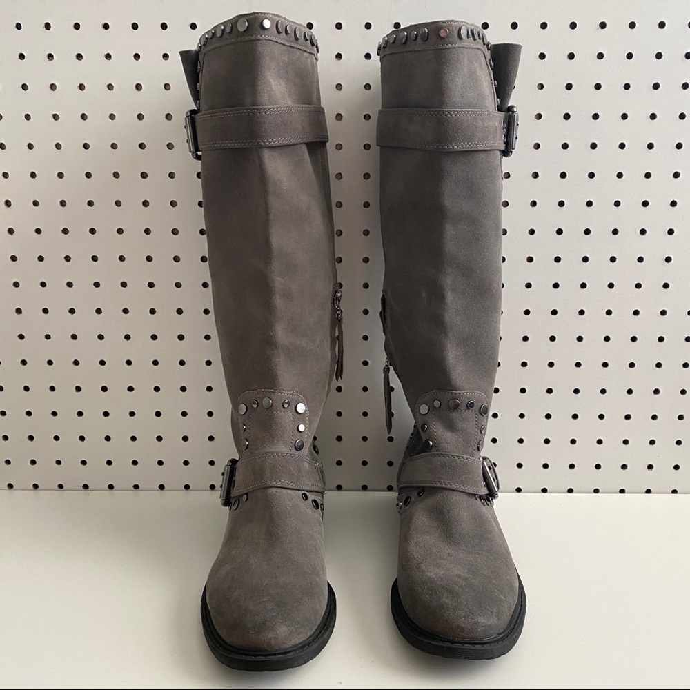 Sam Edelman Gray Suede Studded Knee-High Heeled Boots - Picture 2 of 9